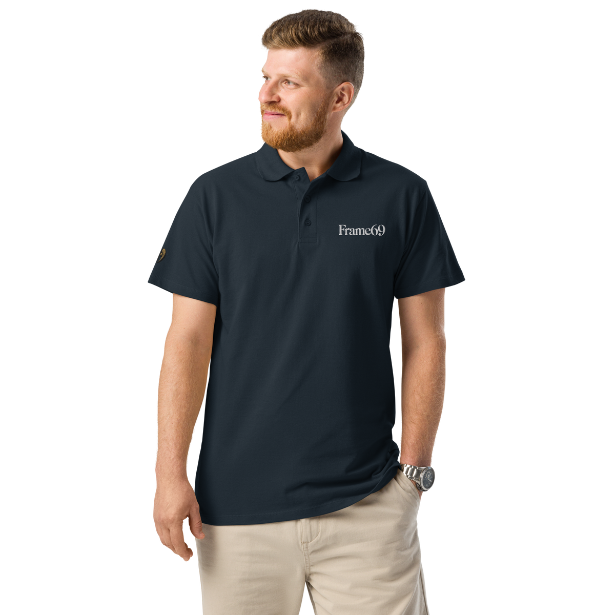Navy pique polo shirt with button placket and short sleeves