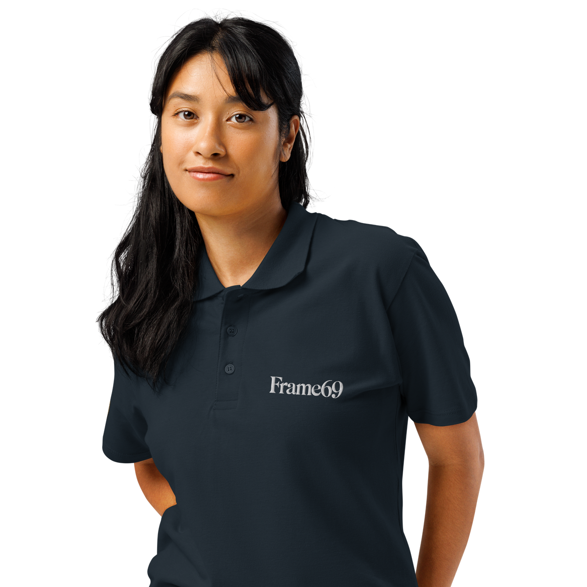 Navy pique polo shirt with buttoned collar and short sleeves, Frame69 chest logo.