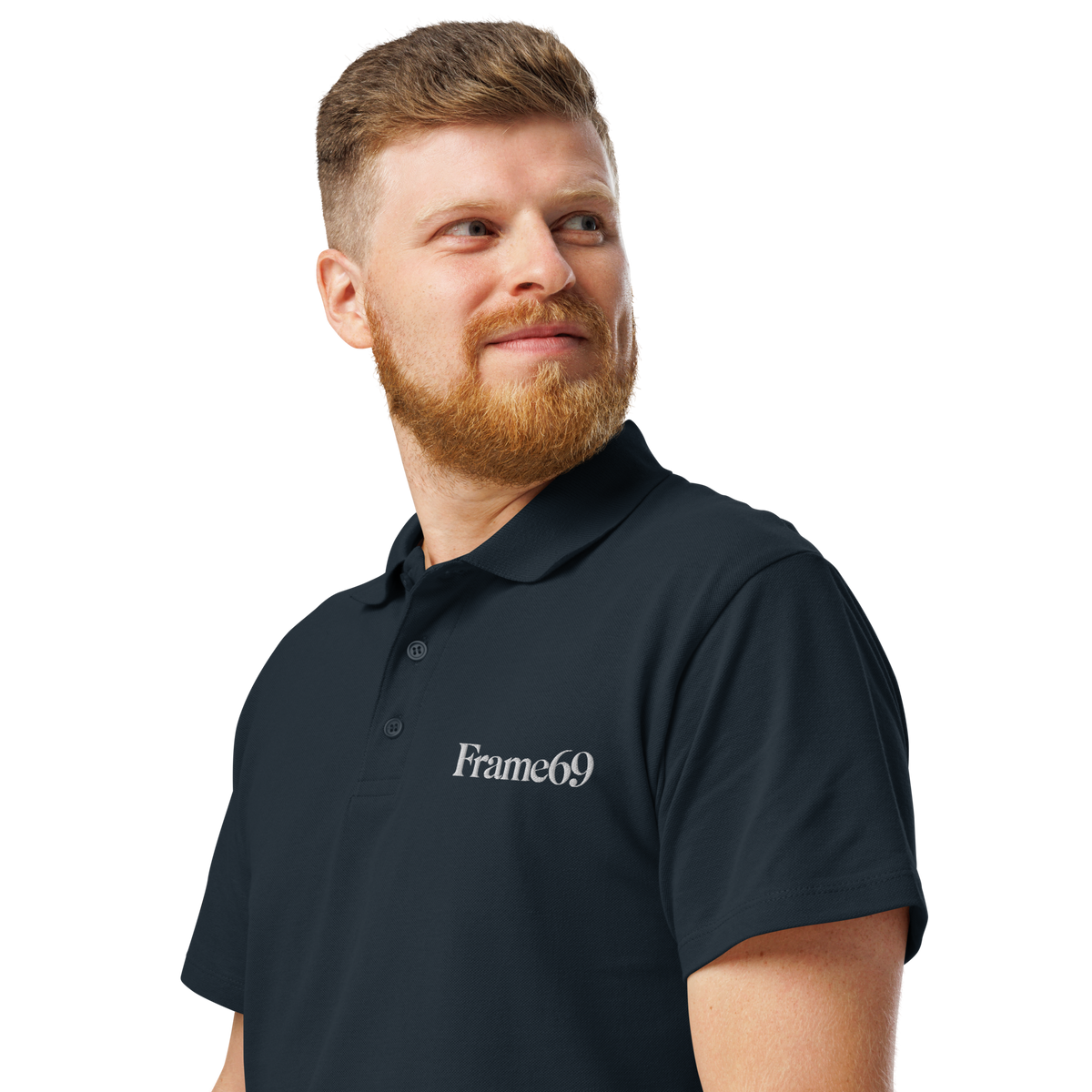 Navy pique polo shirt close-up, button placket and Frame69 chest logo
