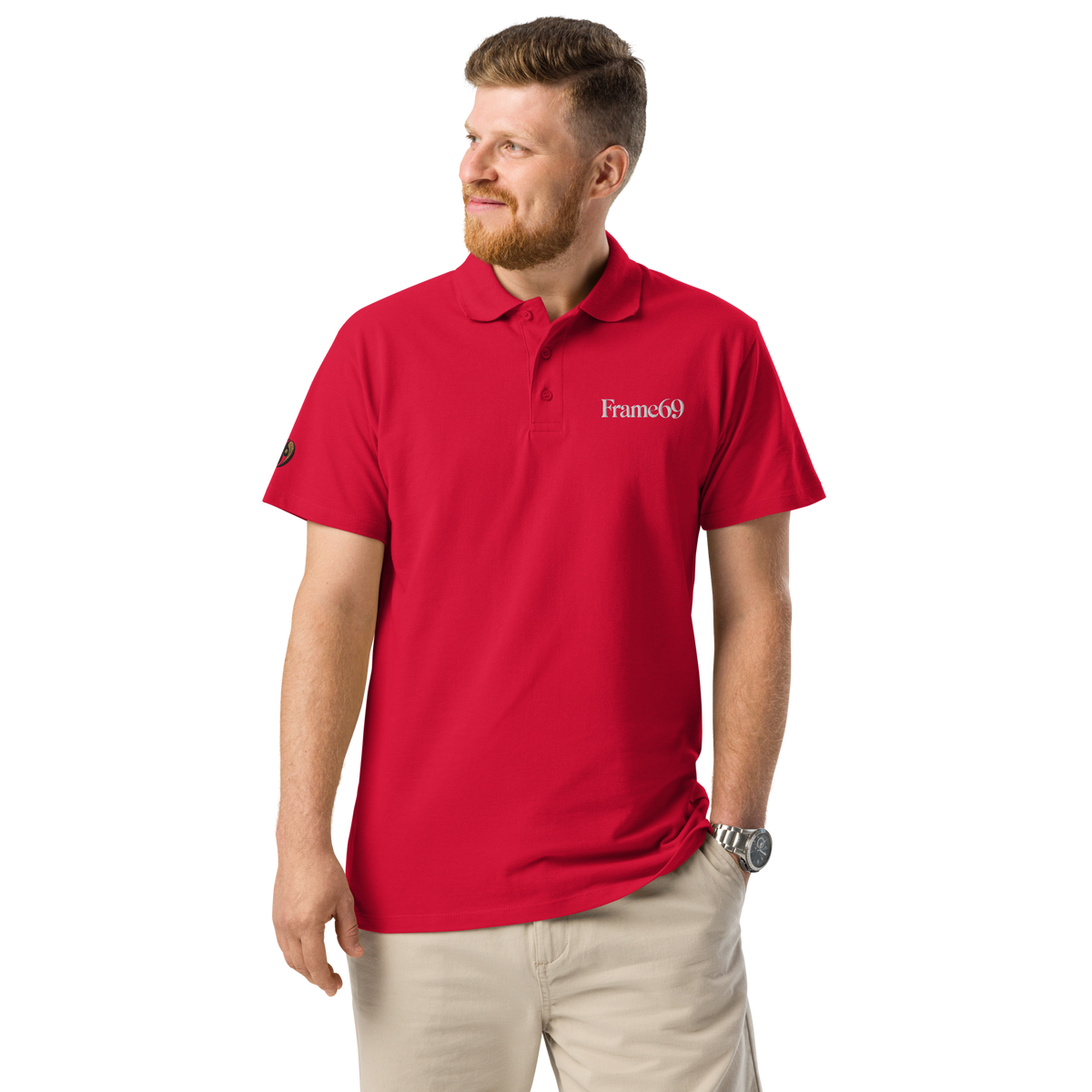 Red pique polo shirt with button placket and short sleeves
