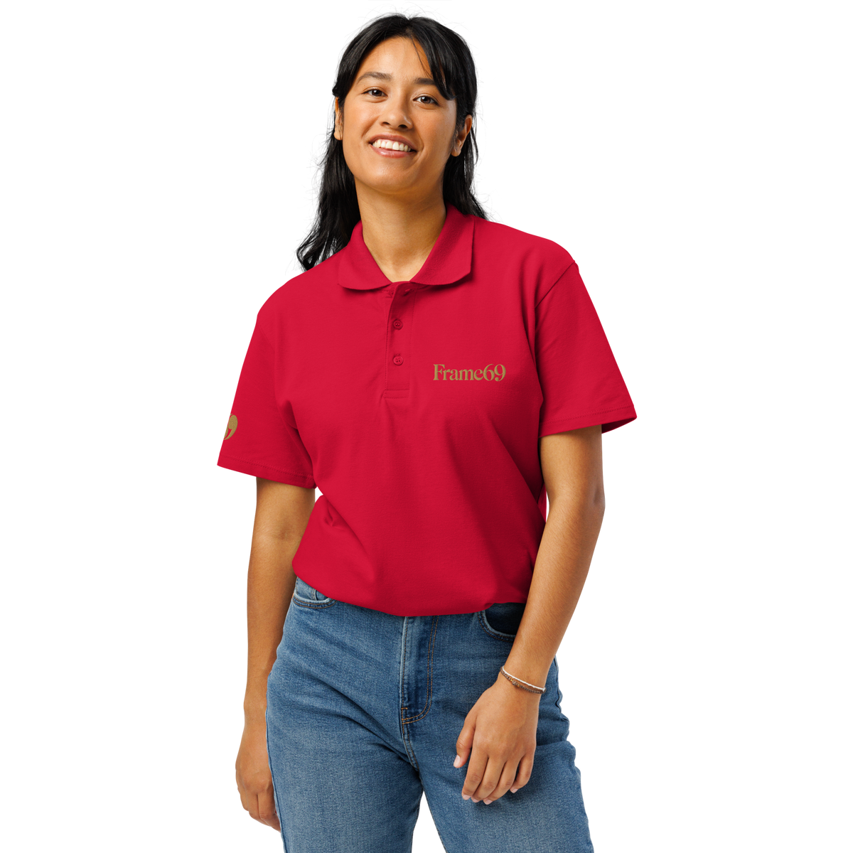 Red pique polo shirt with short sleeves and buttoned collar