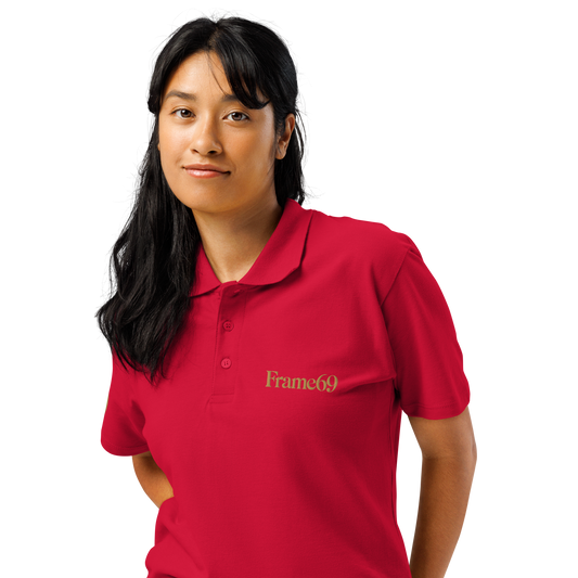 Red refined pique polo shirt with collar, button placket, and Frame69 chest logo