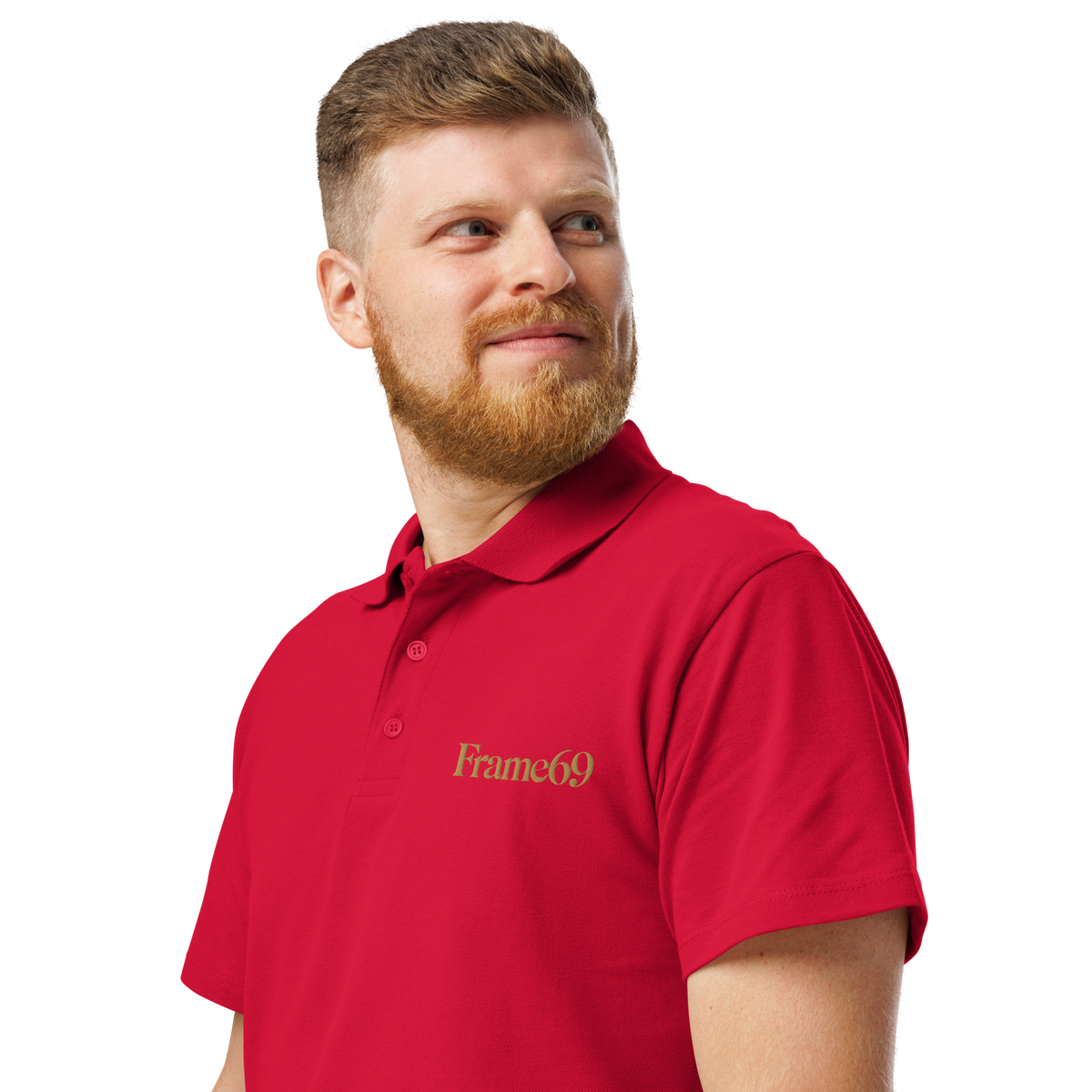 Red pique polo shirt with short sleeves, button placket, and collar