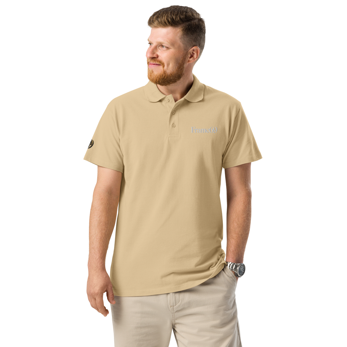 Sand/beige pique polo shirt with button placket and short sleeves