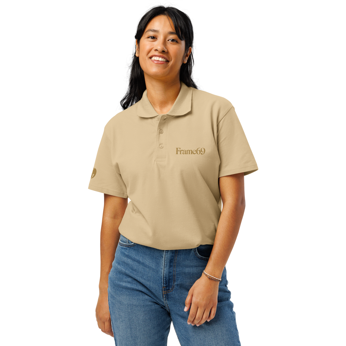 Sand beige pique polo shirt with short sleeves and buttoned collar