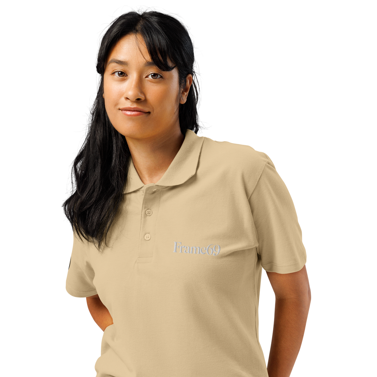 Sand pique polo shirt with button placket, short sleeves, and chest logo