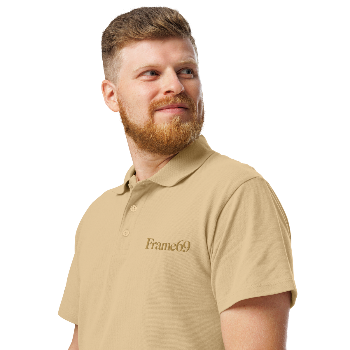 Sand beige pique polo shirt with short sleeves, button placket, and collar