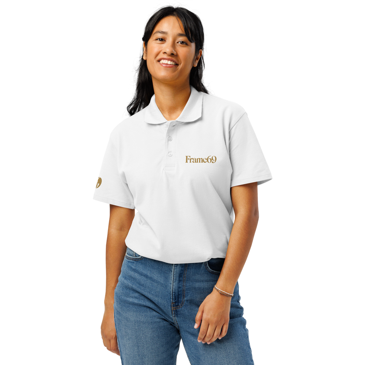 White pique polo shirt with short sleeves and buttoned collar