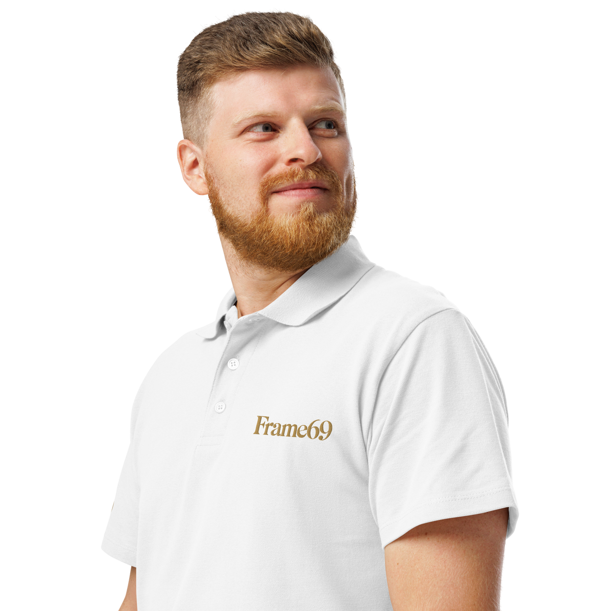 White pique polo shirt with short sleeves, button placket, and collar