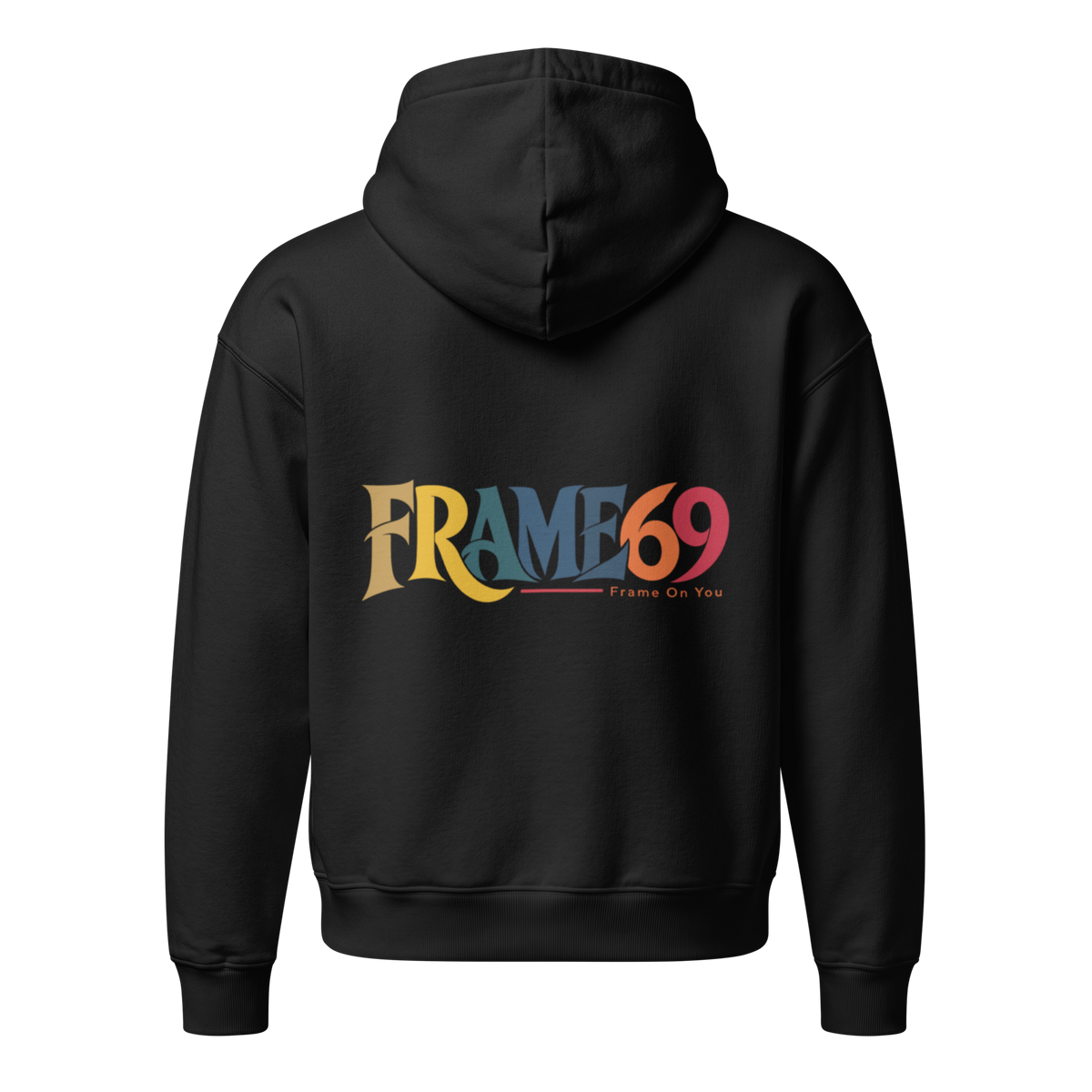 Black pullover hoodie with hood and kangaroo pocket, logo graphic on back