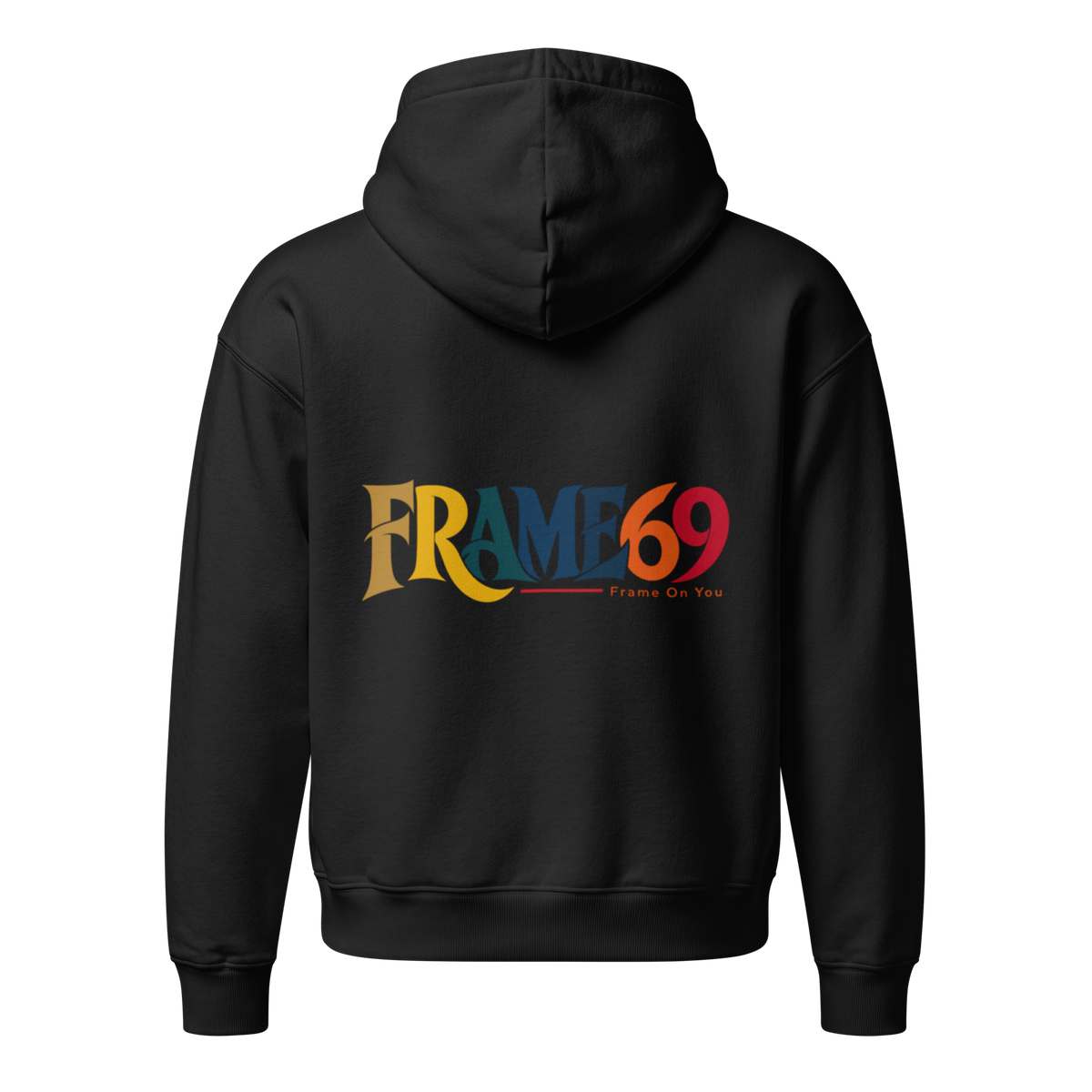 Black hoodie with hood, FRAMe69 graphic on back, ribbed cuffs and hem.