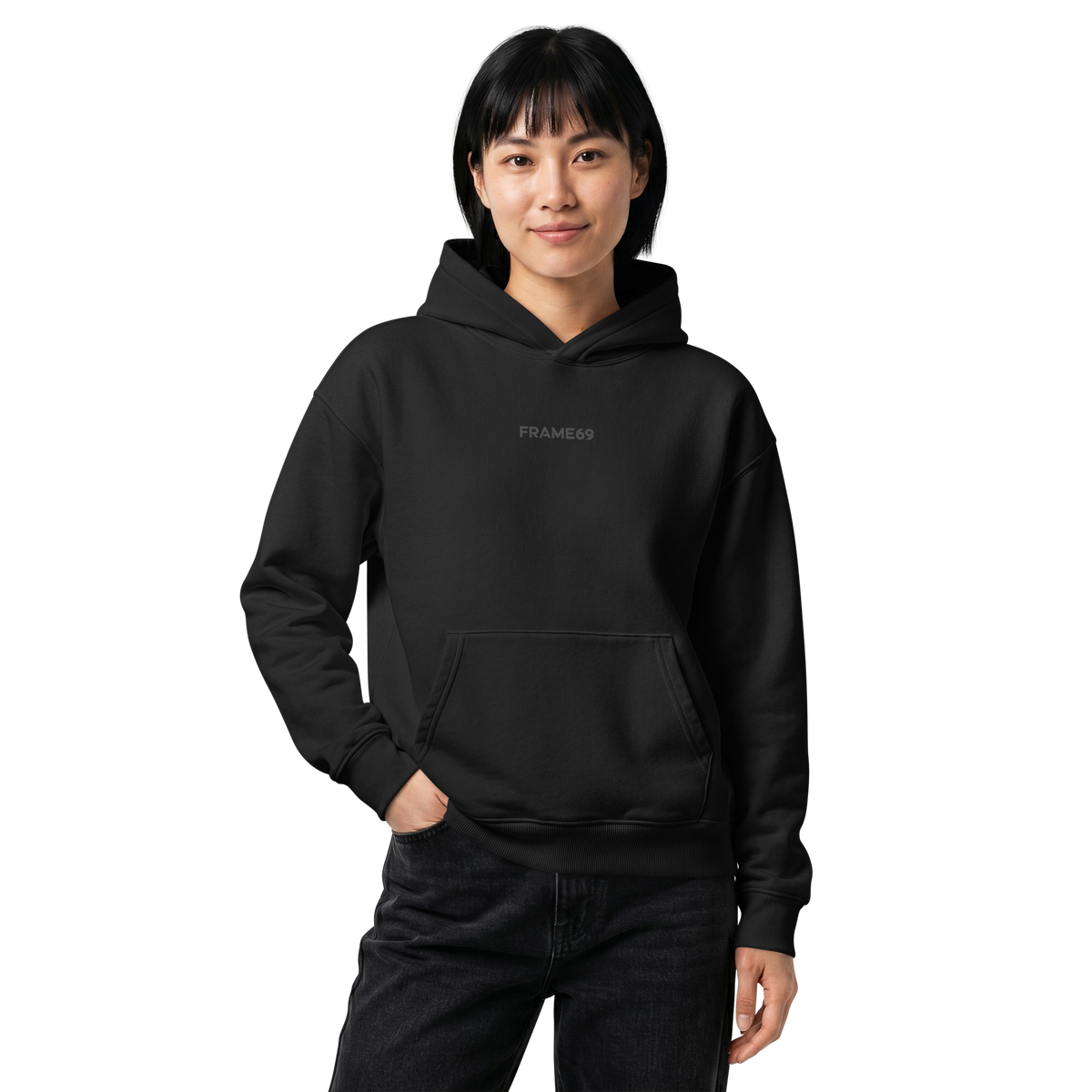 Black relaxed hoodie, pullover with drawstring hood and front pouch pocket.
