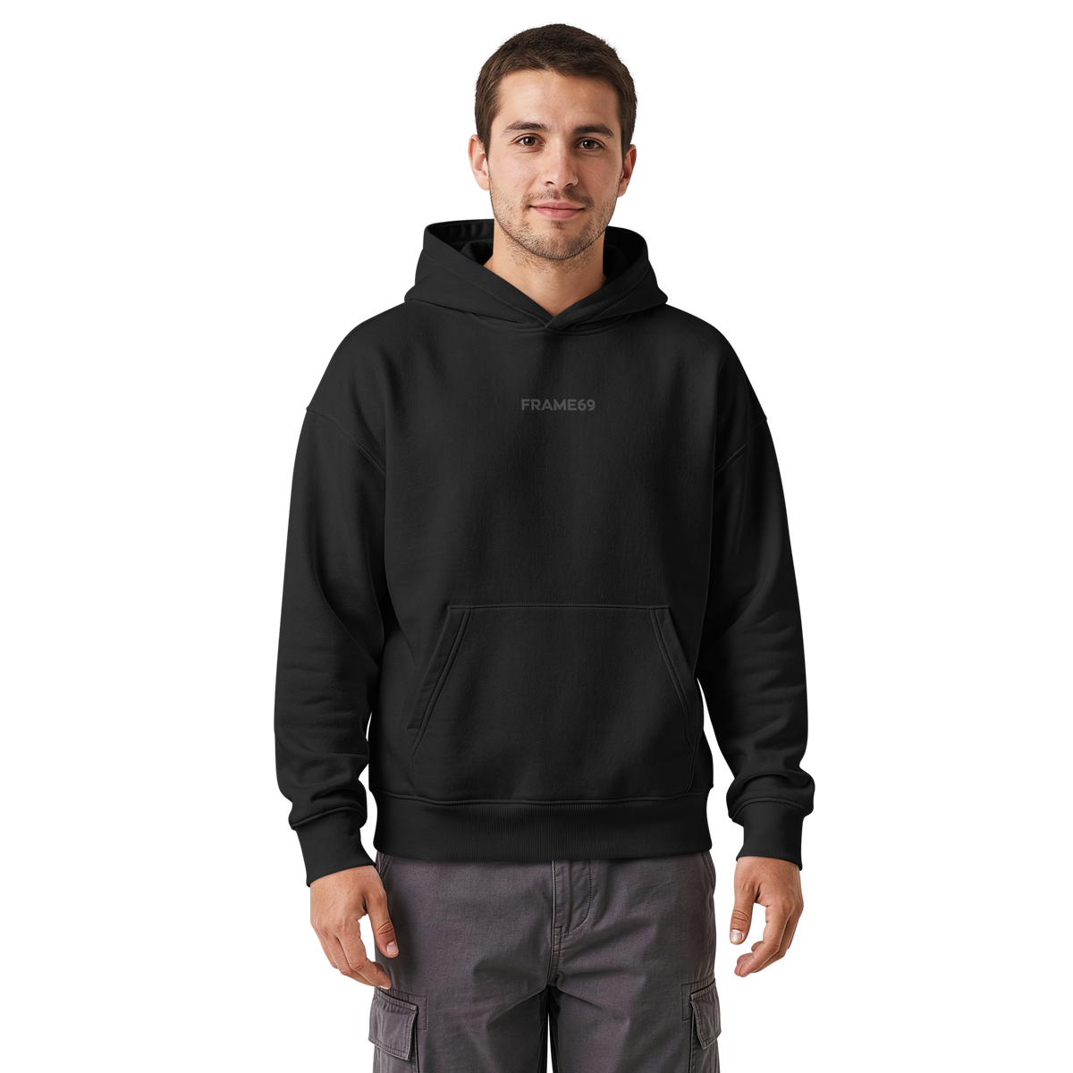Black pullover hoodie with hood and kangaroo pocket, logo on chest