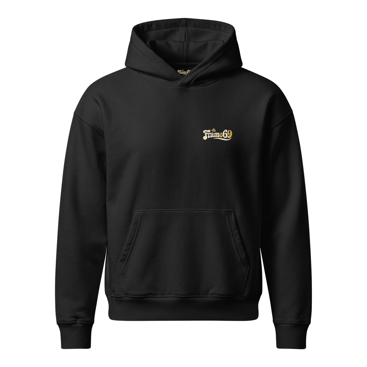 Black pullover hoodie with hood and kangaroo pocket, Frame69 logo on chest.
