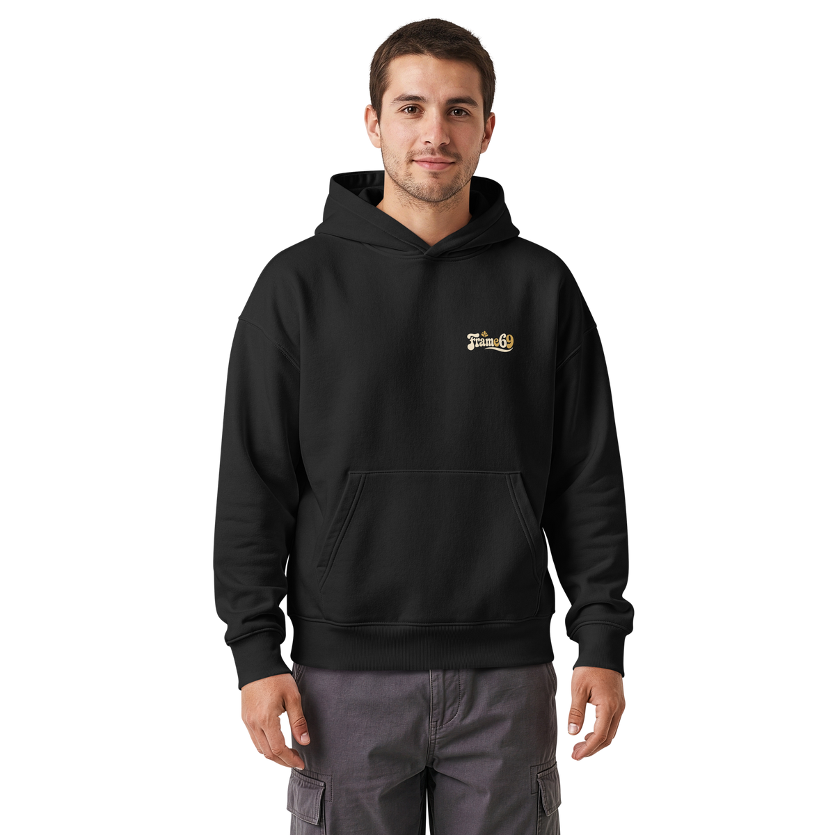 Black relaxed pullover hoodie with hood, kangaroo pocket, and small Frame69 logo.