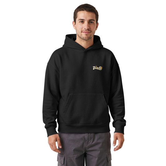 Black relaxed pullover hoodie with hood, kangaroo pocket, and small Frame69 logo.
