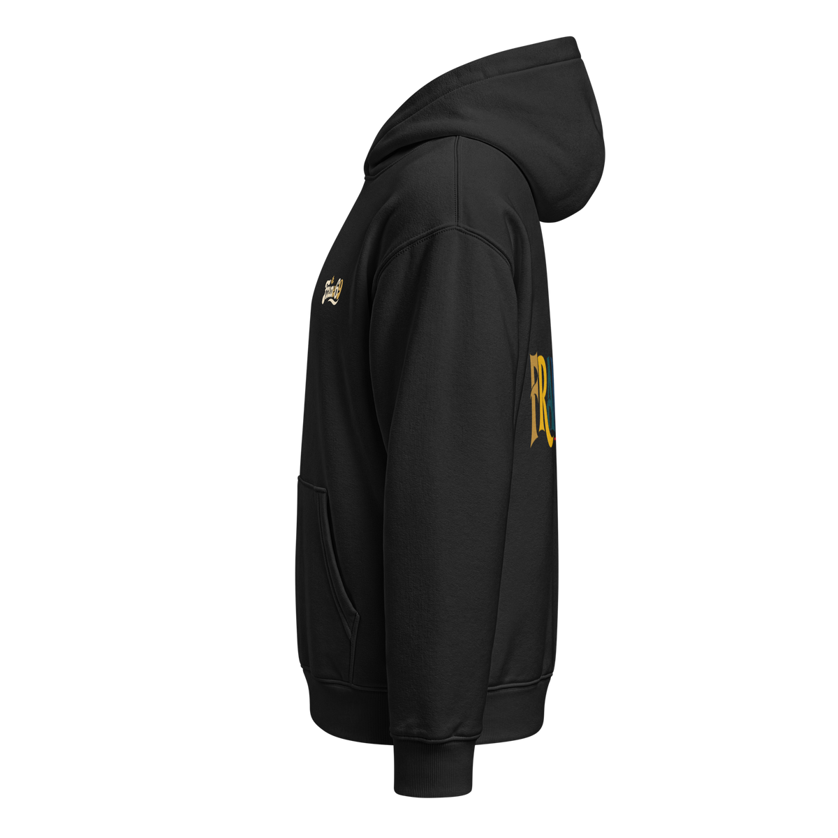 Black pullover hoodie with hood and sleeve graphic, relaxed fit.