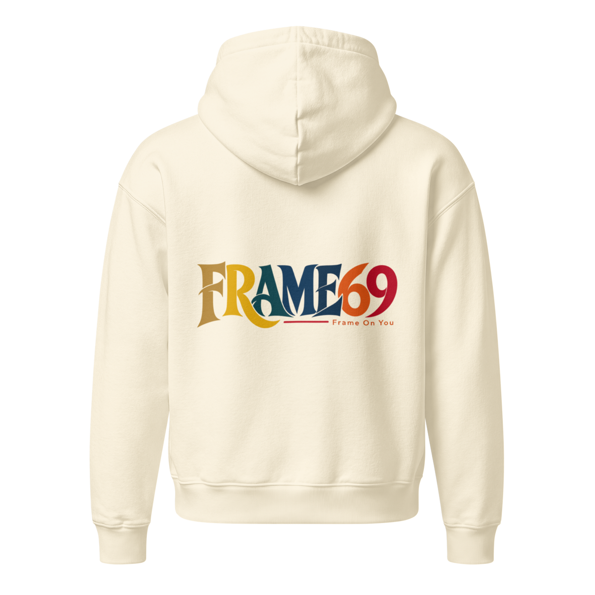 Cream pullover hoodie with hood and kangaroo pocket, logo graphic on back