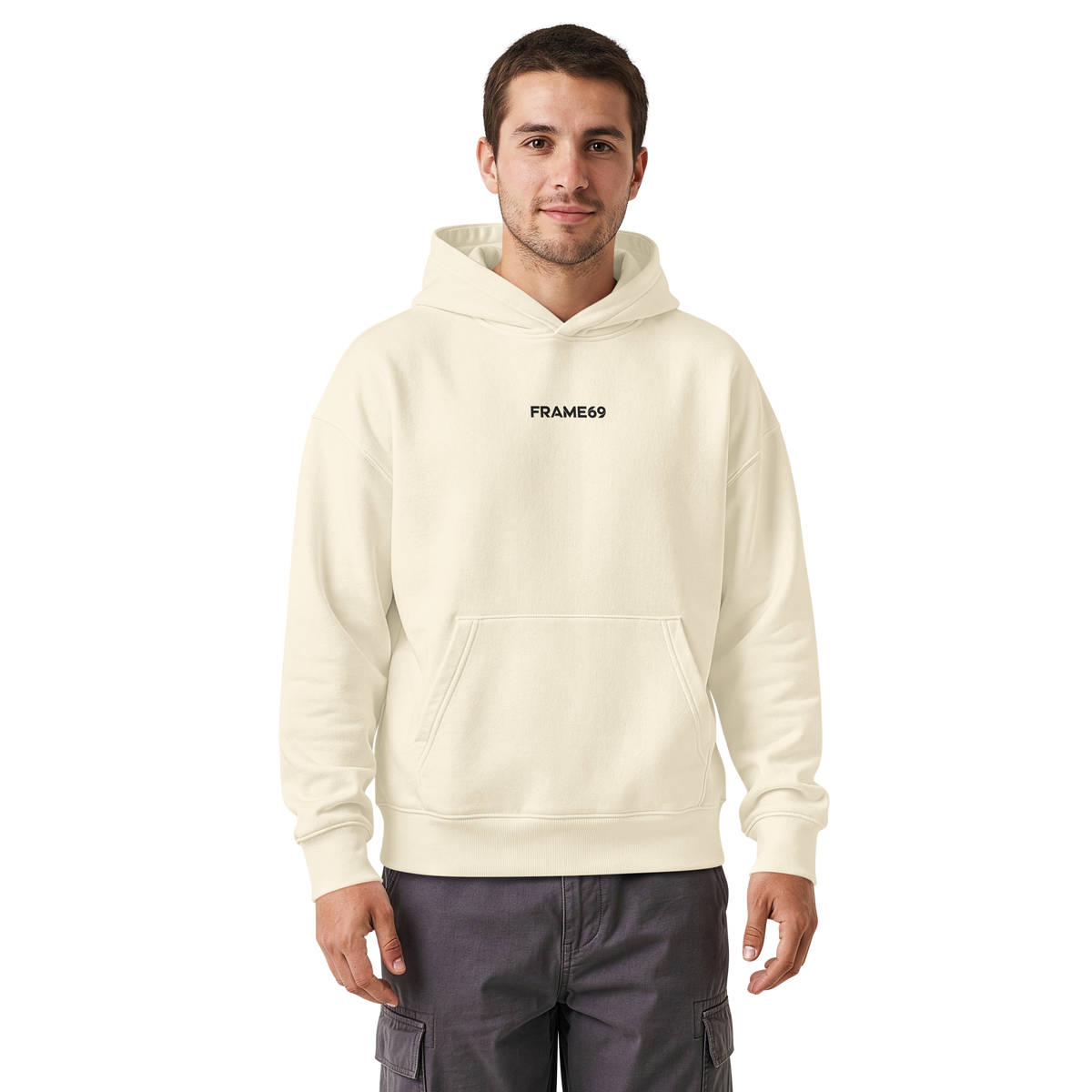 Relaxed hoodie in cream, pullover with drawstring hood and front pouch pocket.