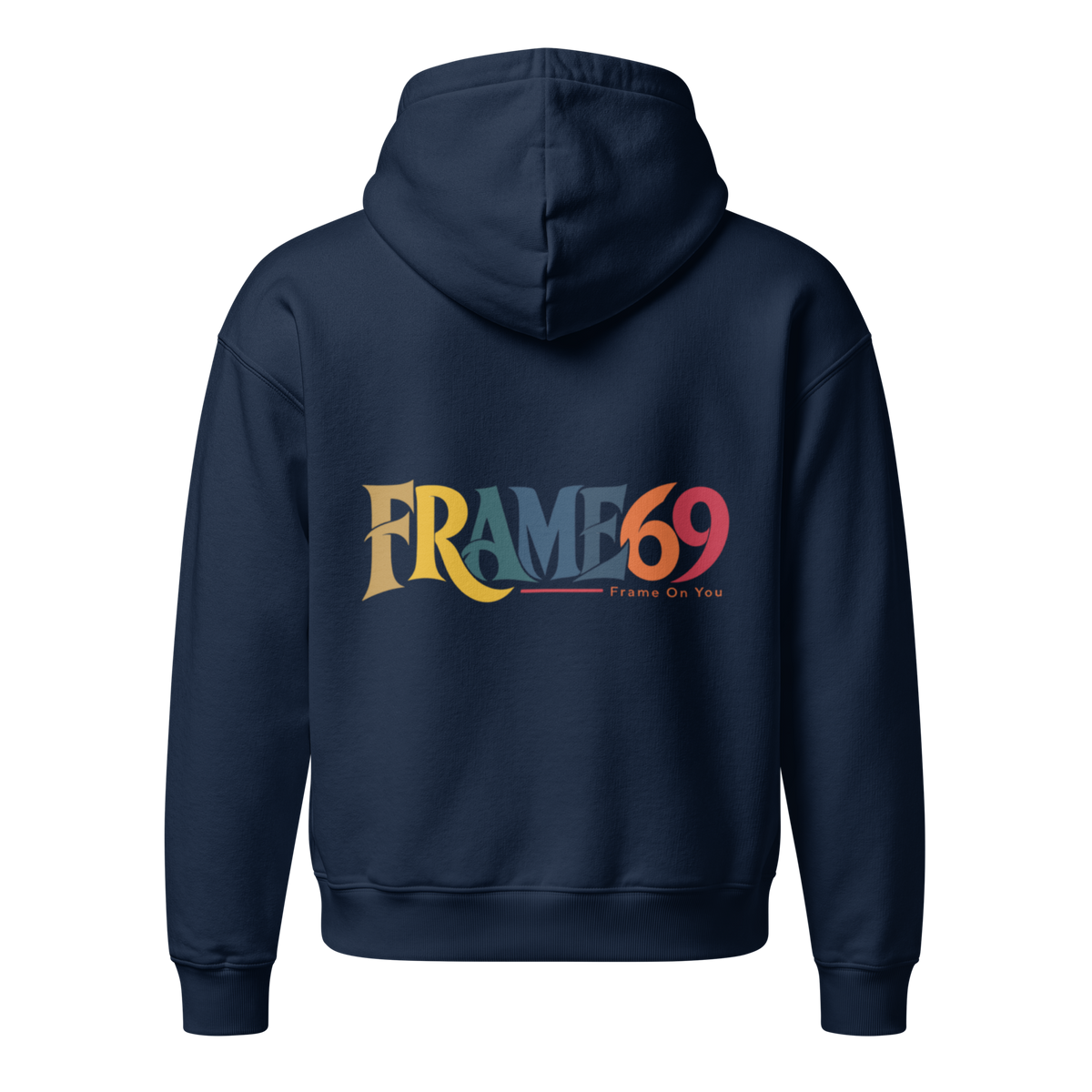 Navy pullover hoodie with hood and kangaroo pocket, logo graphic on back