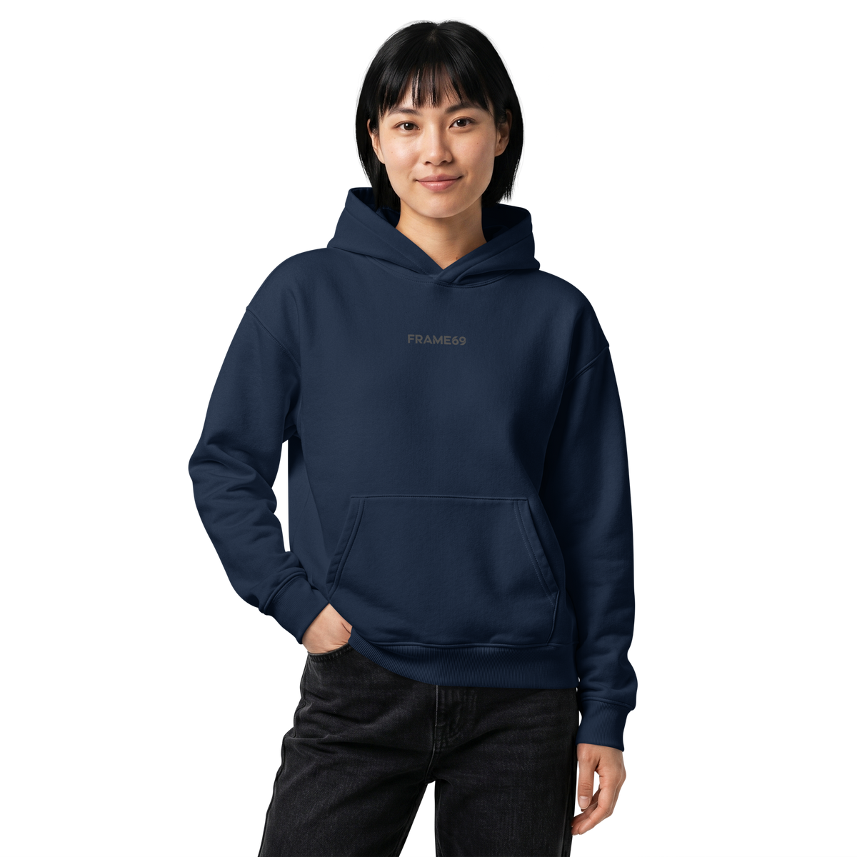 French navy relaxed hoodie, pullover with drawstring hood and front pouch pocket.