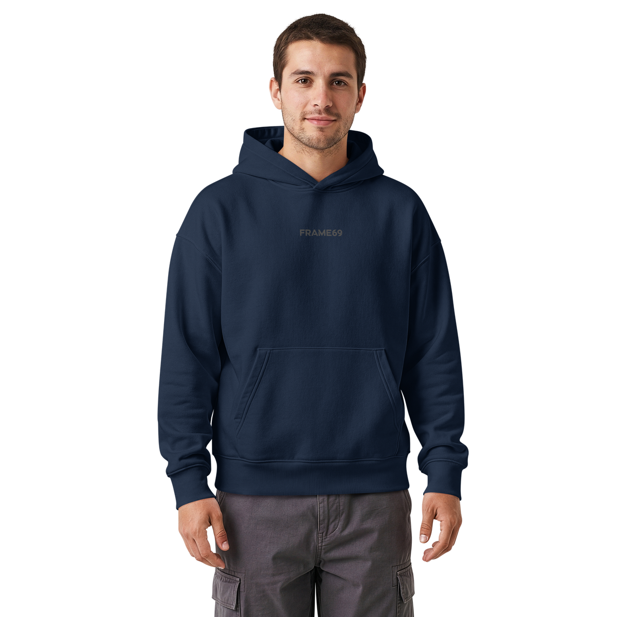 Navy pullover hoodie with hood and kangaroo pocket, logo on chest