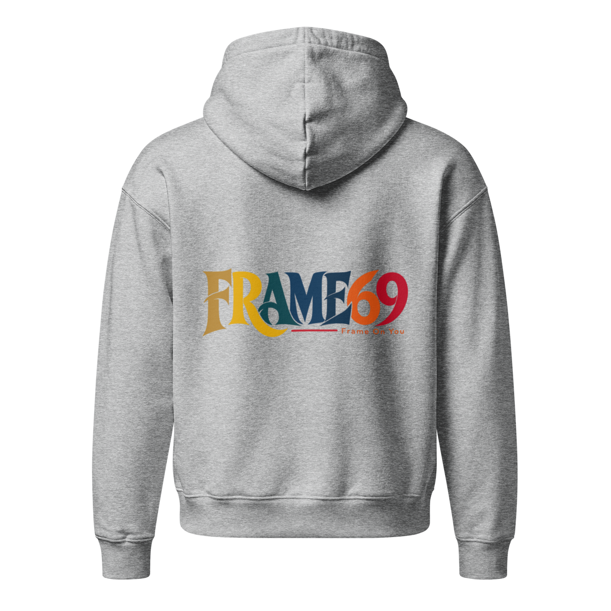 Heather gray pullover hoodie with hood and kangaroo pocket, logo graphic on back