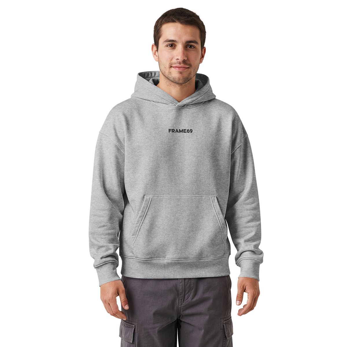 Heather gray relaxed hoodie, pullover with drawstring hood and front pouch pocket.