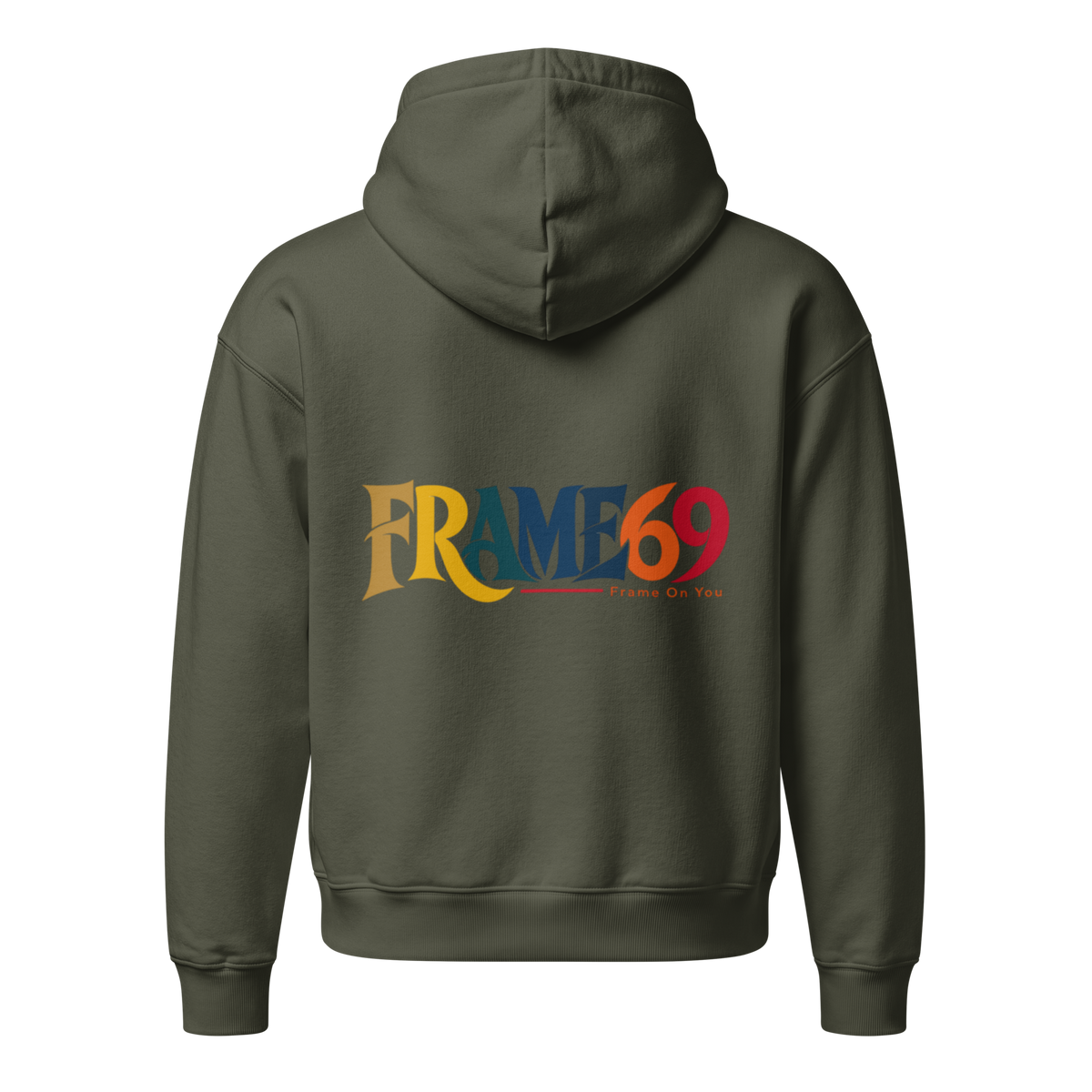 Dark olive pullover hoodie with hood and kangaroo pocket, logo graphic on back