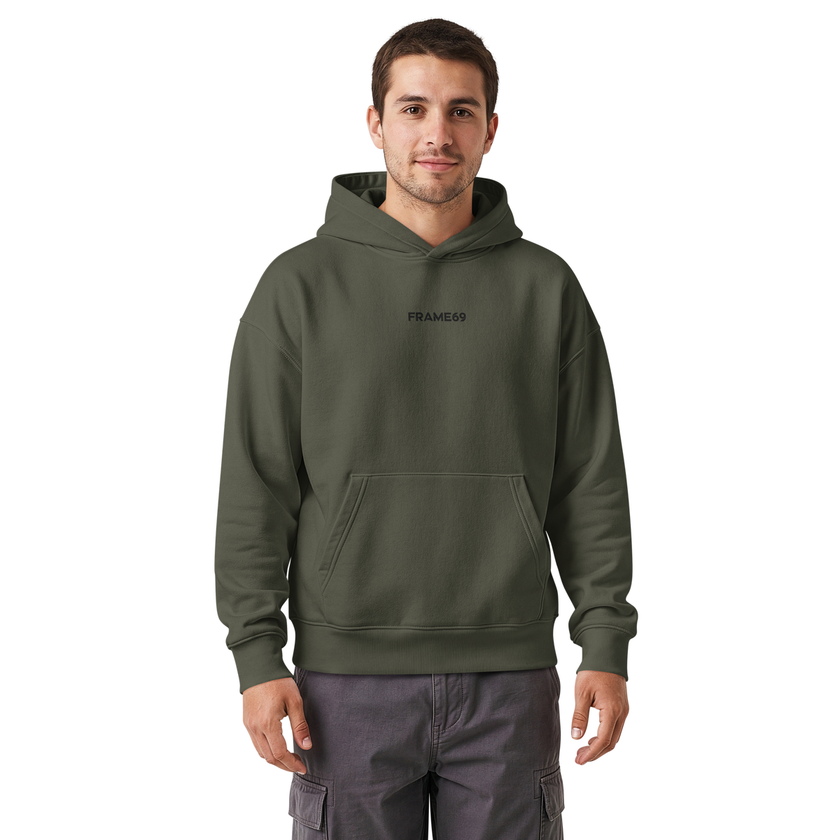 Relaxed hoodie in khaki green, pullover with drawstring hood and front pouch pocket.