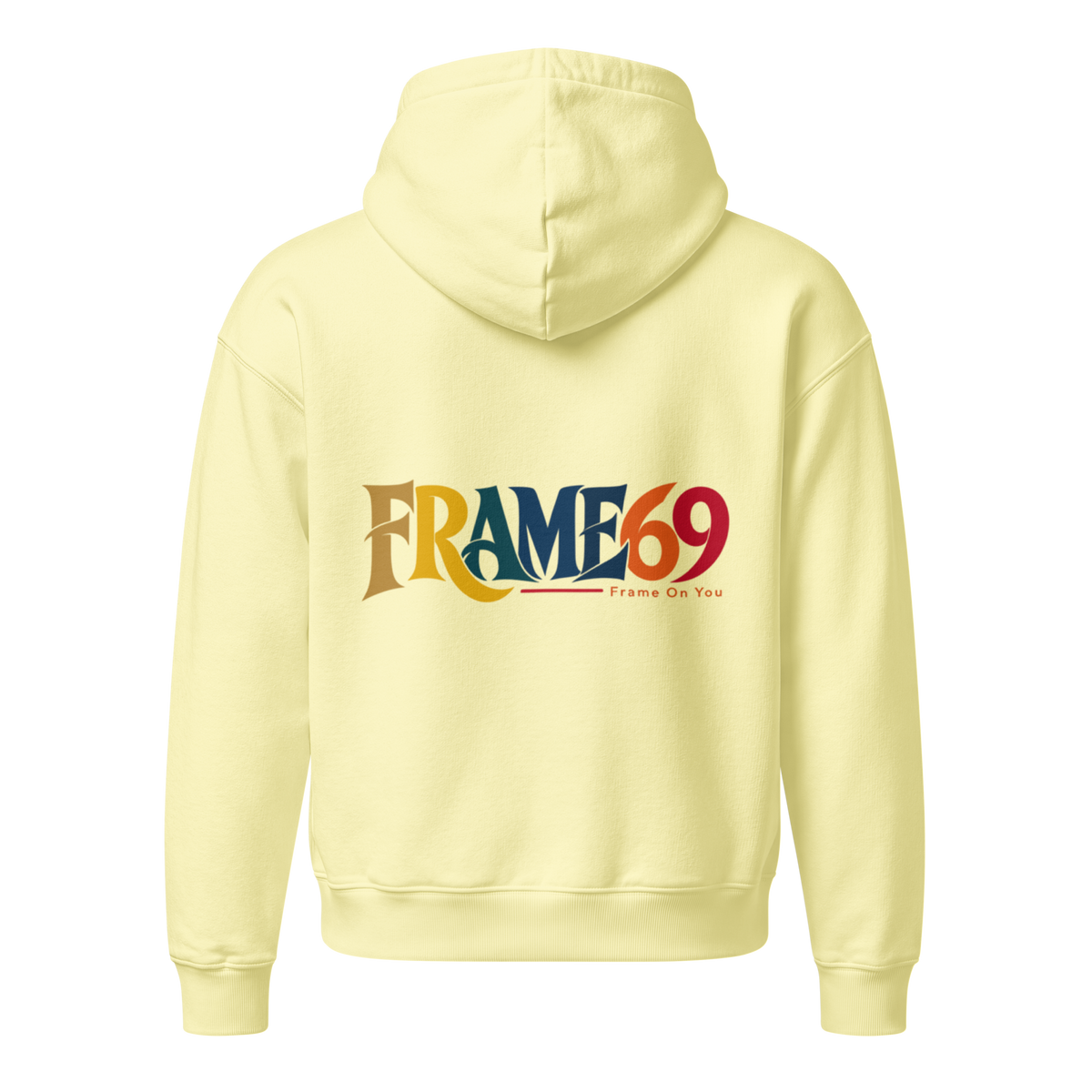 Light yellow pullover hoodie with hood and kangaroo pocket, logo graphic on back
