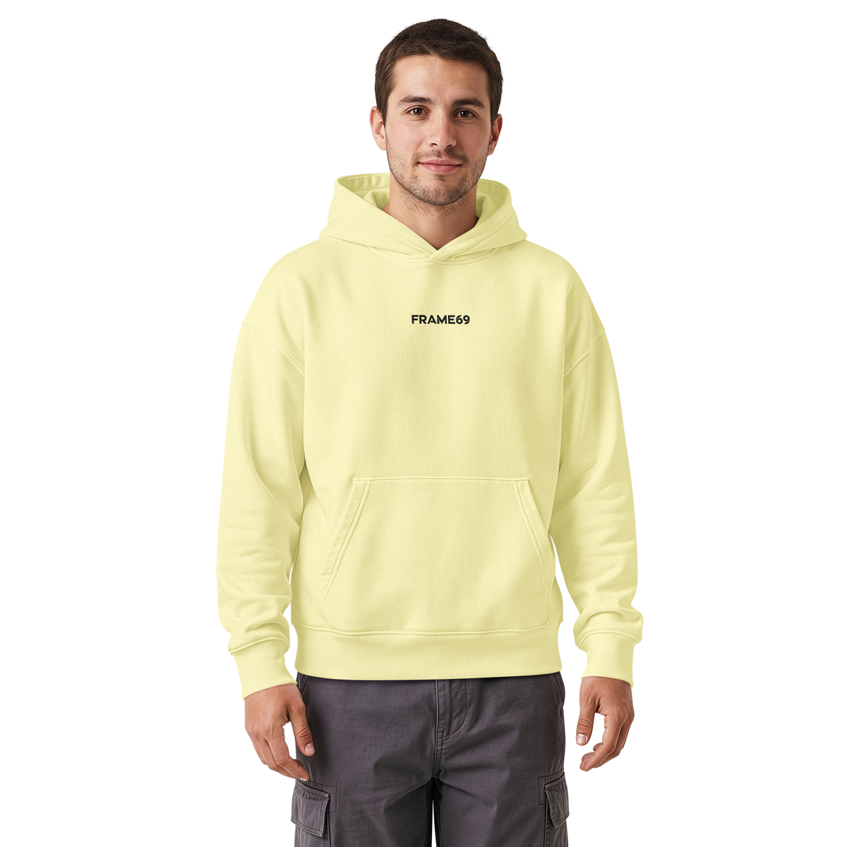 Relaxed hoodie in lemon sorbet yellow, pullover with drawstring hood and front pouch pocket.