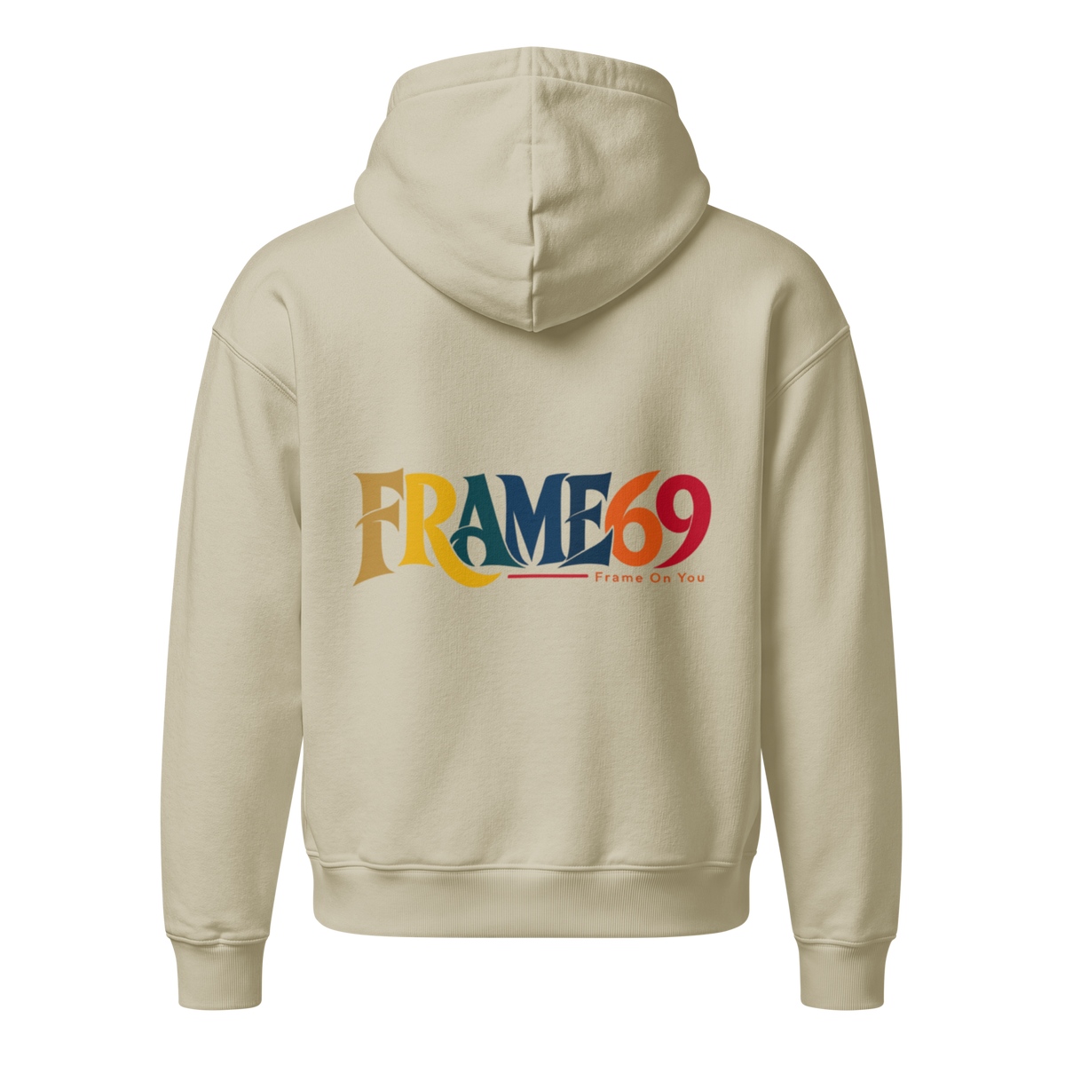 Stone/tan pullover hoodie with hood and kangaroo pocket, logo graphic on back