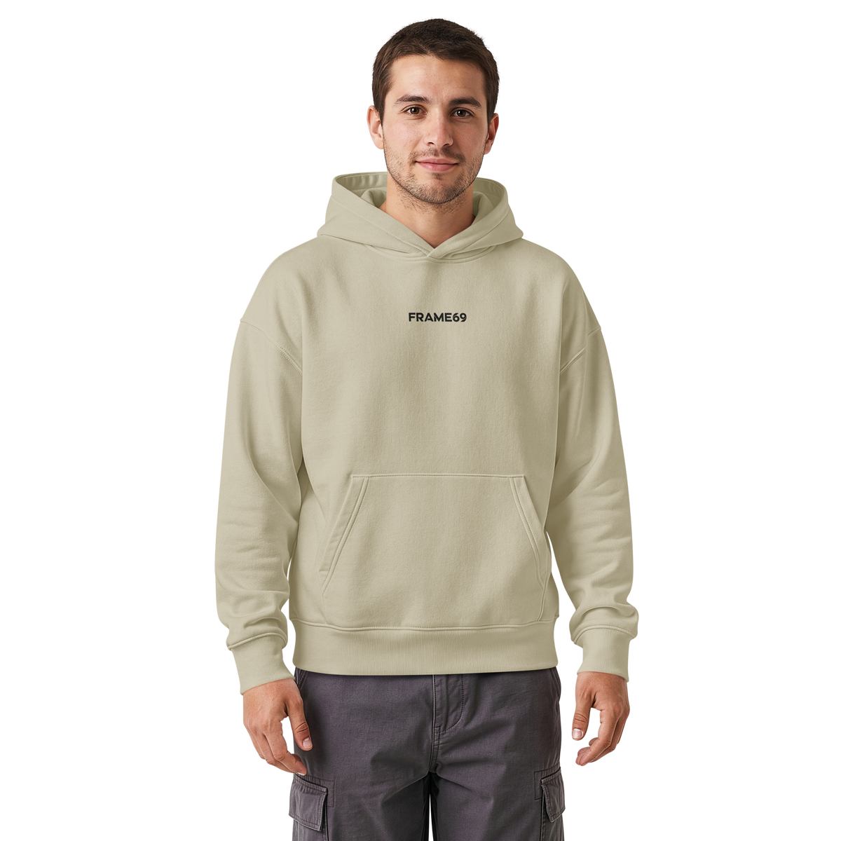 Relaxed hoodie in cream, pullover with drawstring hood and front pouch pocket.