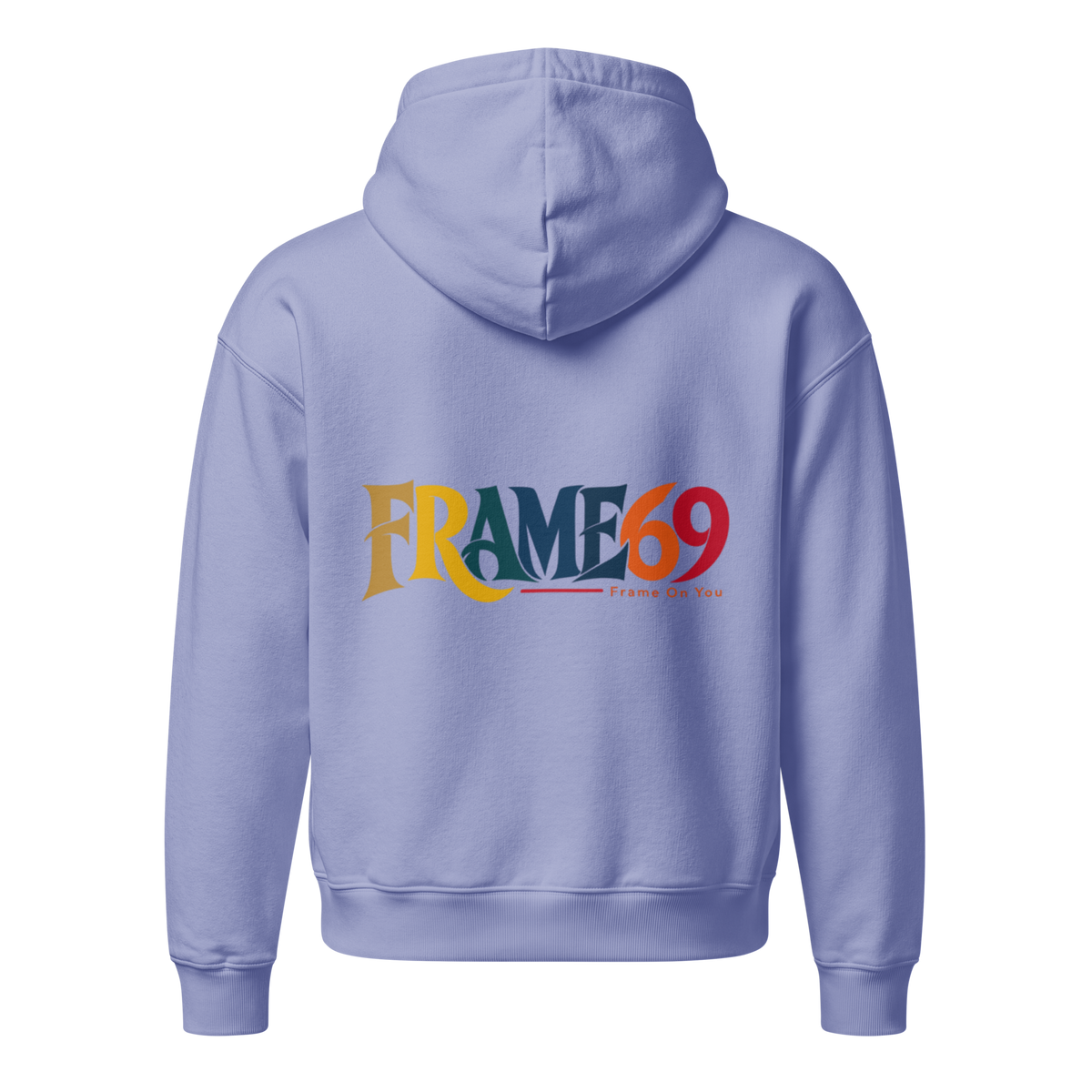 Violet pullover hoodie with hood and kangaroo pocket, logo graphic on back