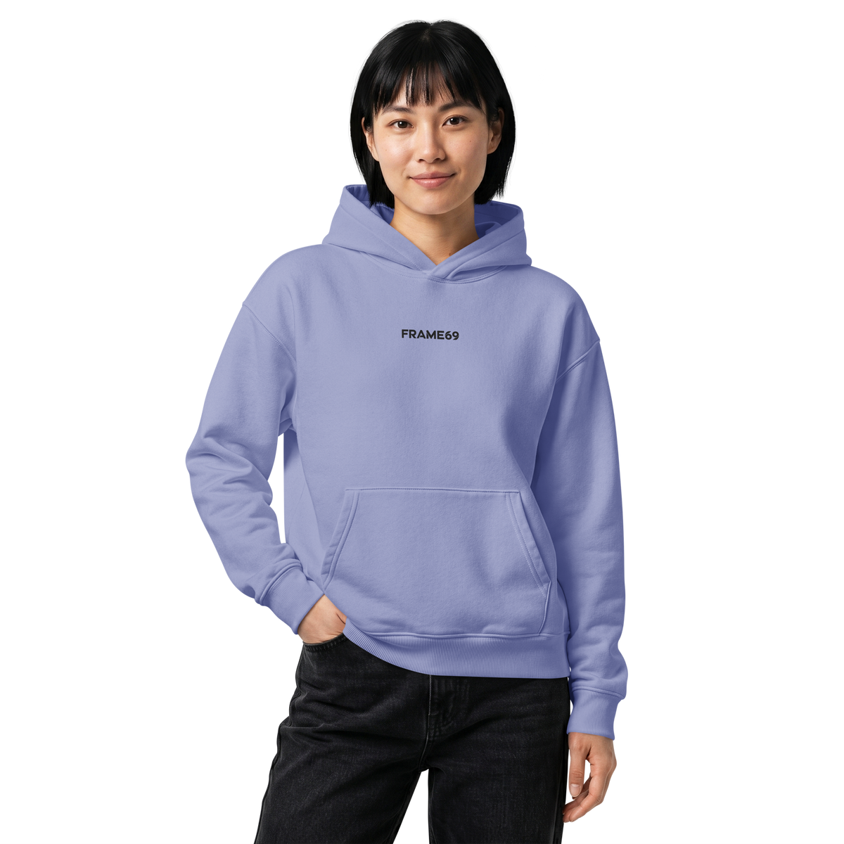 Relaxed hoodie in violet, pullover with drawstring hood and front pouch pocket.