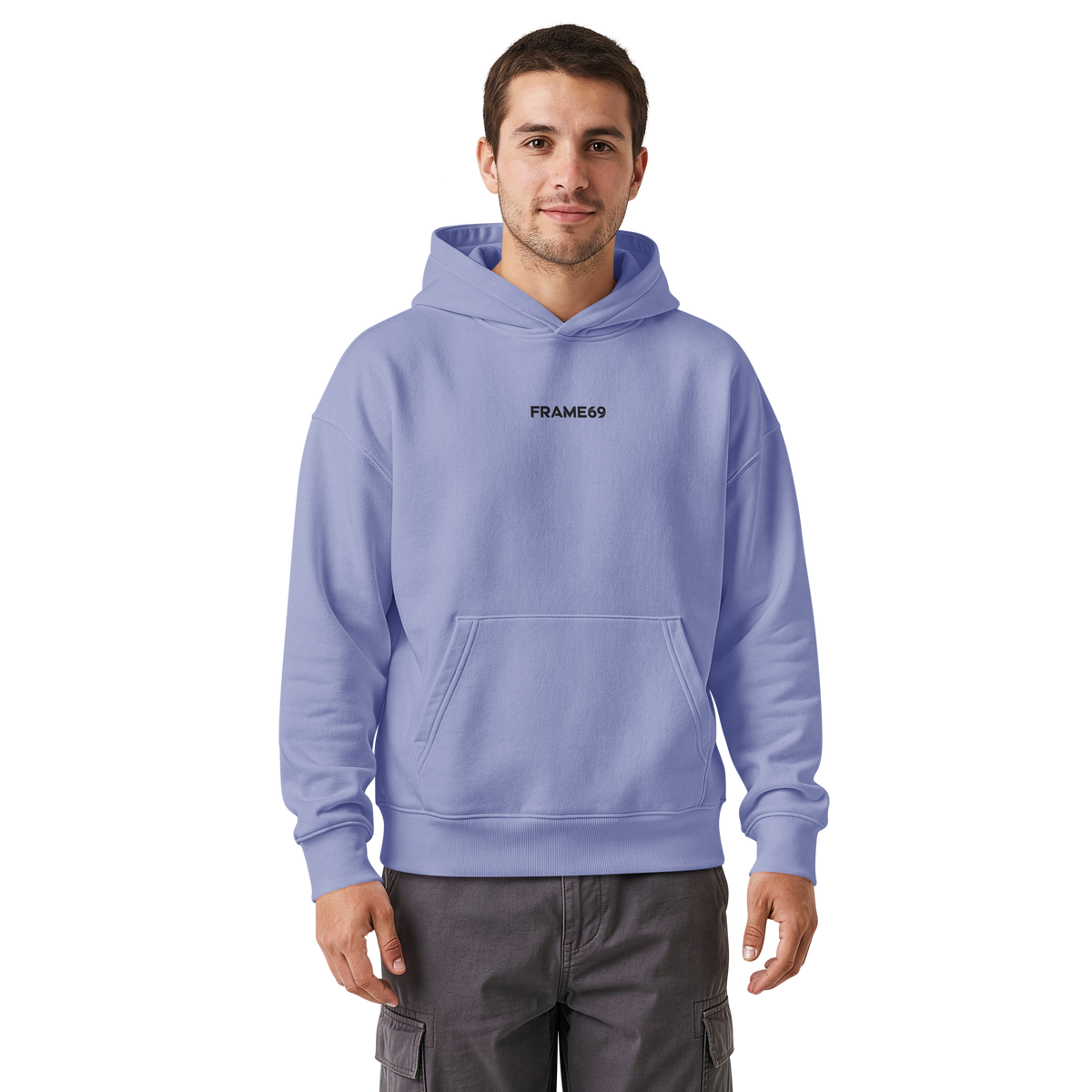 Relaxed hoodie in violet, pullover style with drawstring hood and front pouch pocket.