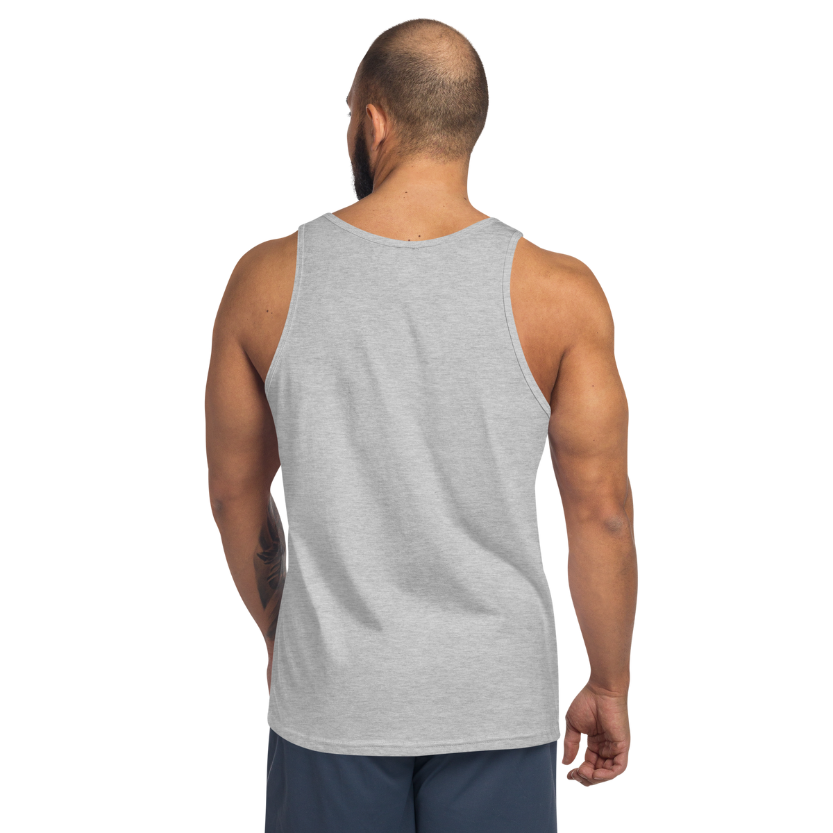 Heather gray sleeveless tank top with crew neck, back view