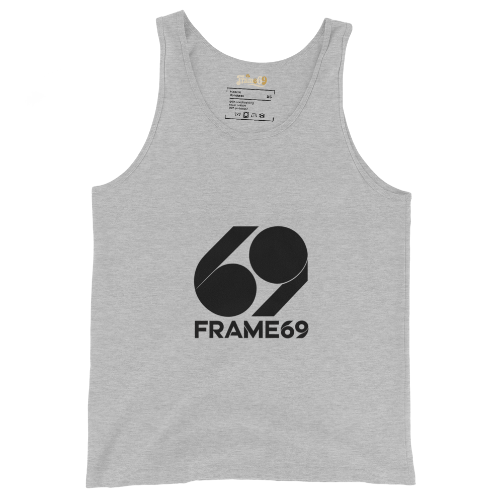 Athletic heather gray tank top, sleeveless crew neck with FRAME69 logo graphic on front
