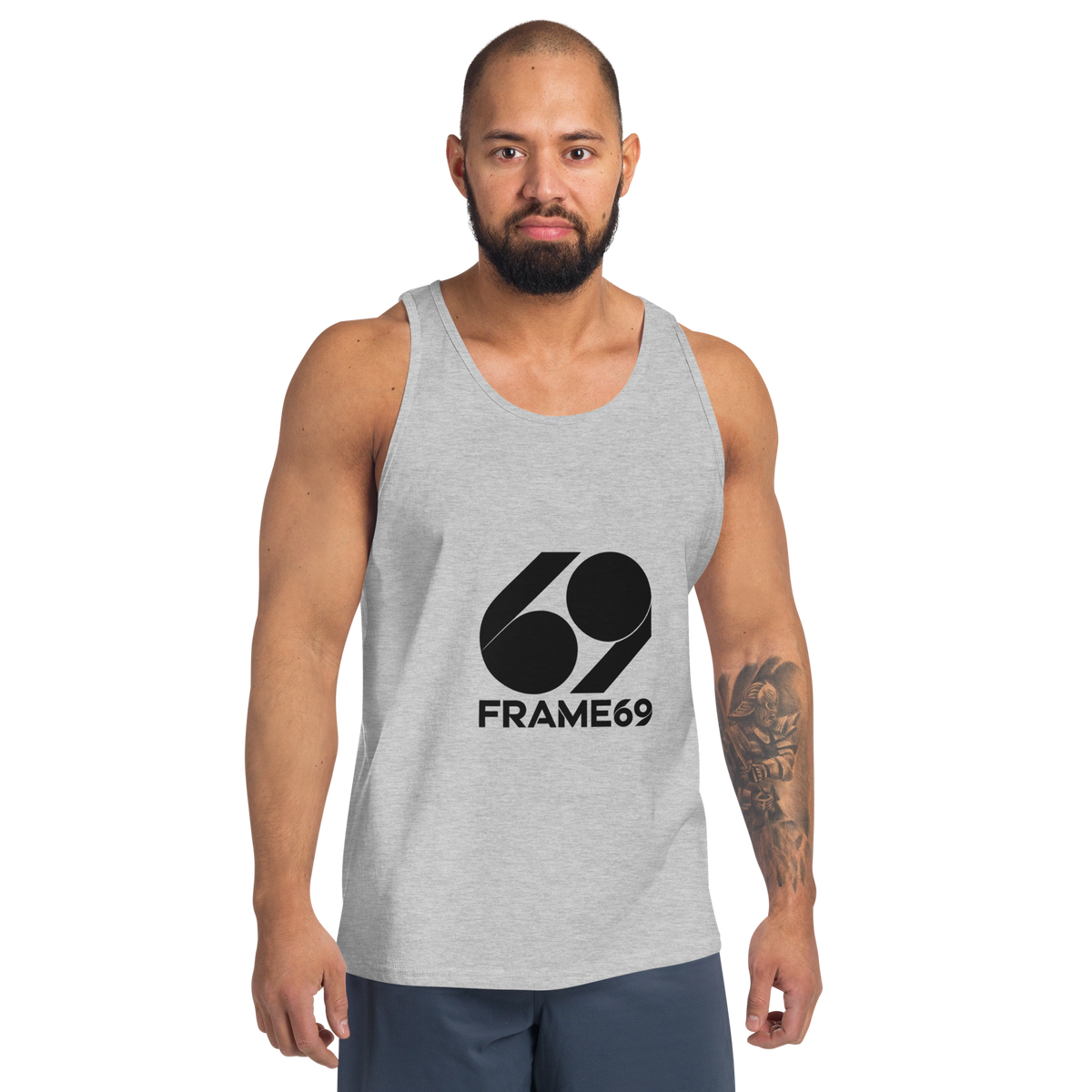 Heather gray sleeveless tank top with crew neck and printed logo graphic