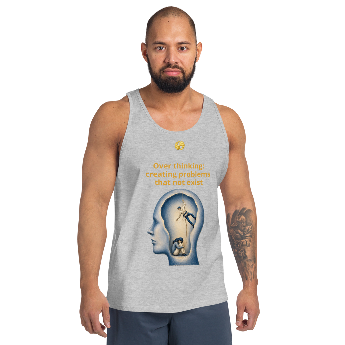 Athletic heather gray tank top with scoop neck and front graphic design.