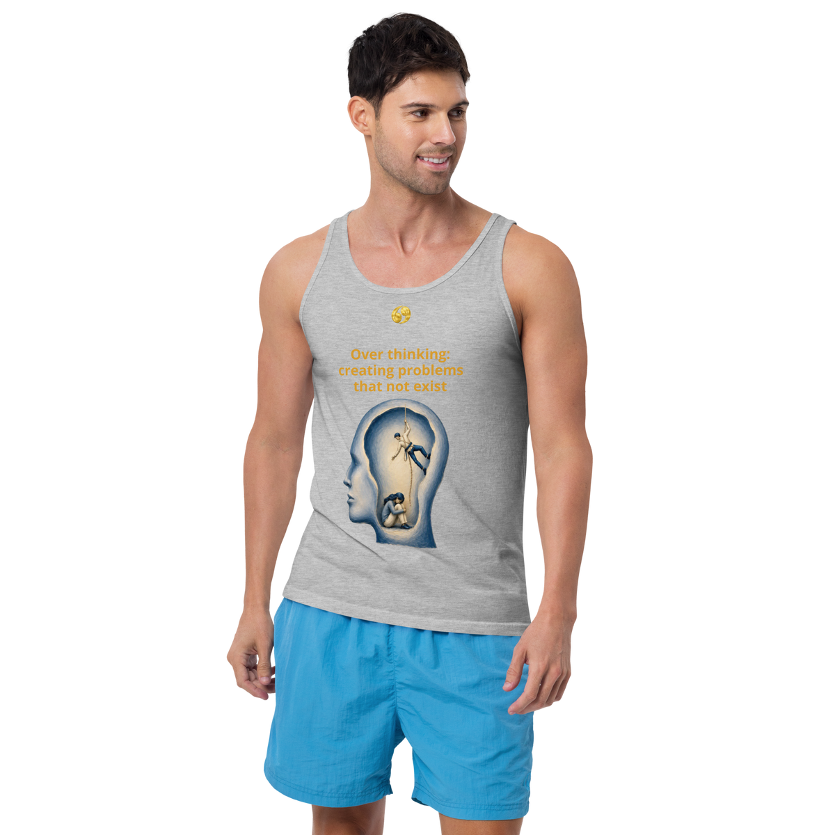 Athletic heather gray tank top with scoop neck and front graphic print, side view.