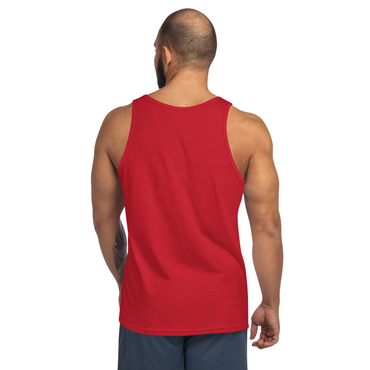 Red sleeveless tank top with crew neck, back view