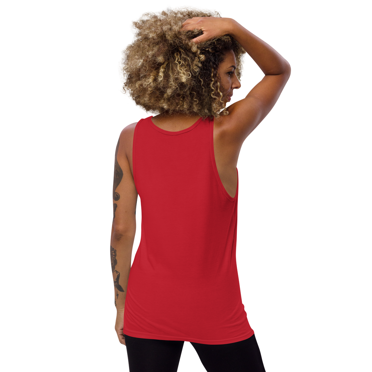 Red tank top with scoop neck, sleeveless—back view with hands overhead.