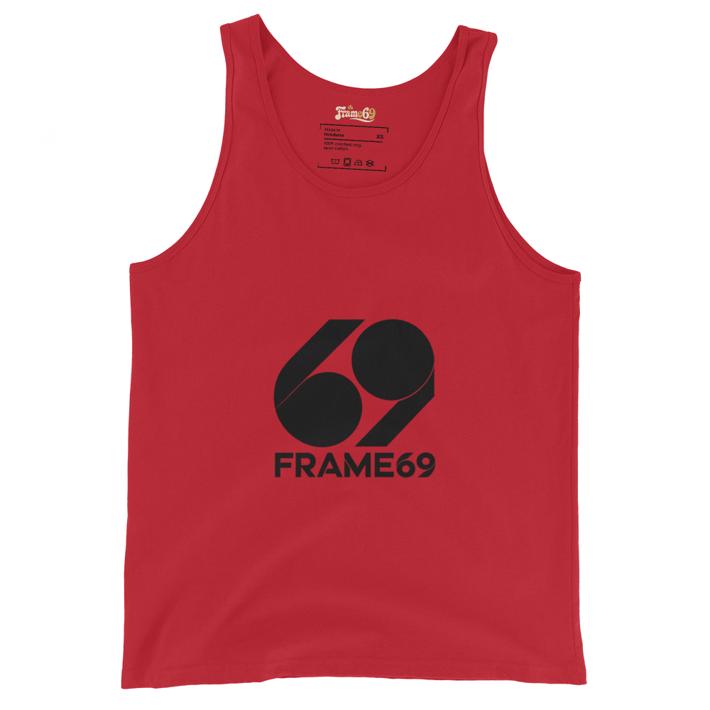 Red tank top, sleeveless crew neck with FRAME69 logo graphic on front