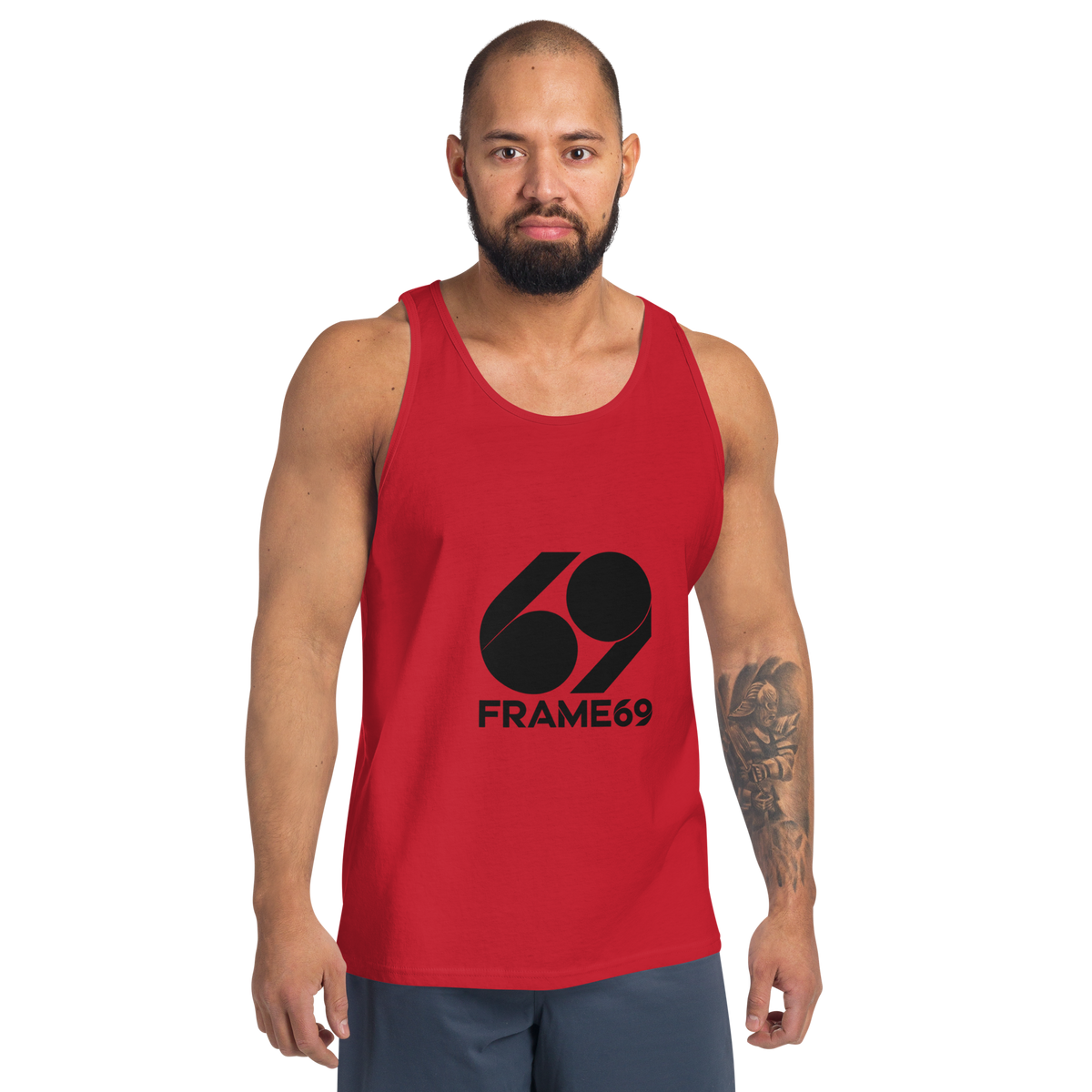 Essential tank top in red, sleeveless crew neck with FRAME69 logo on chest