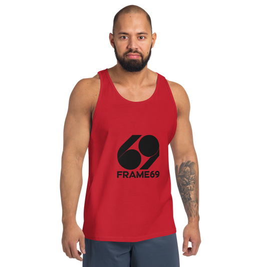 Essential tank top in red, sleeveless crew neck with FRAME69 logo on chest