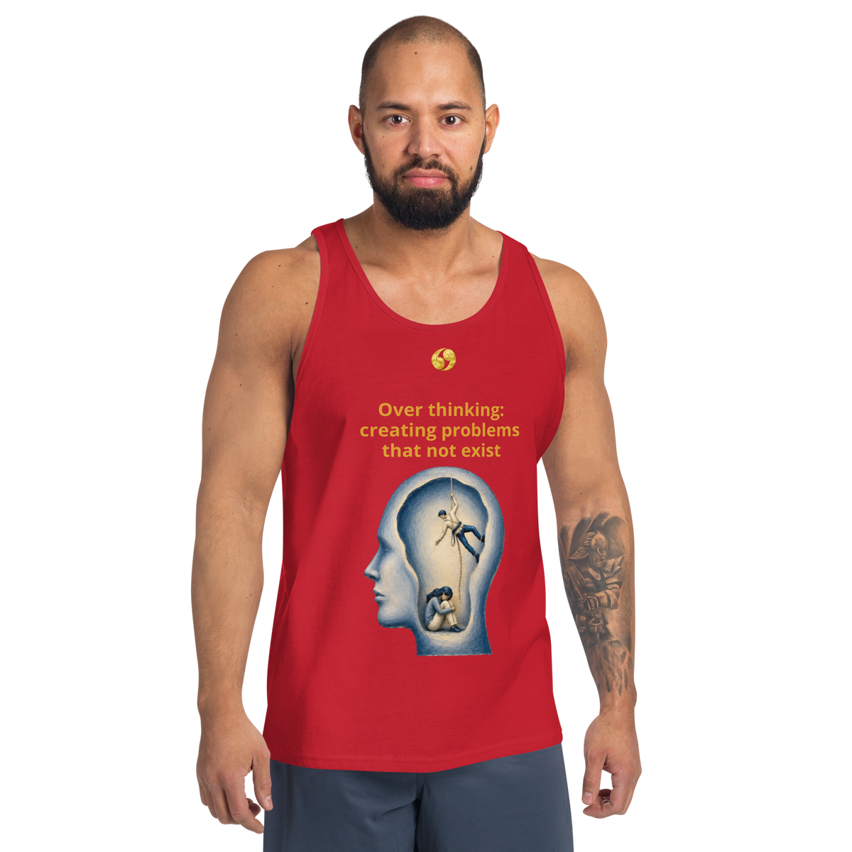 Red tank top with scoop neck and front graphic design.