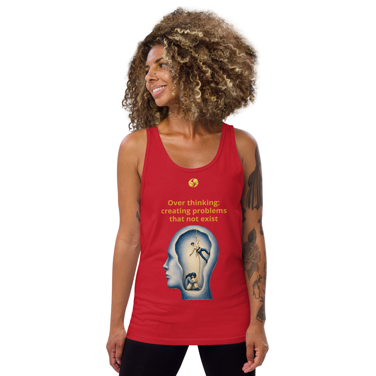 Red tank top with scoop neck and front graphic print.