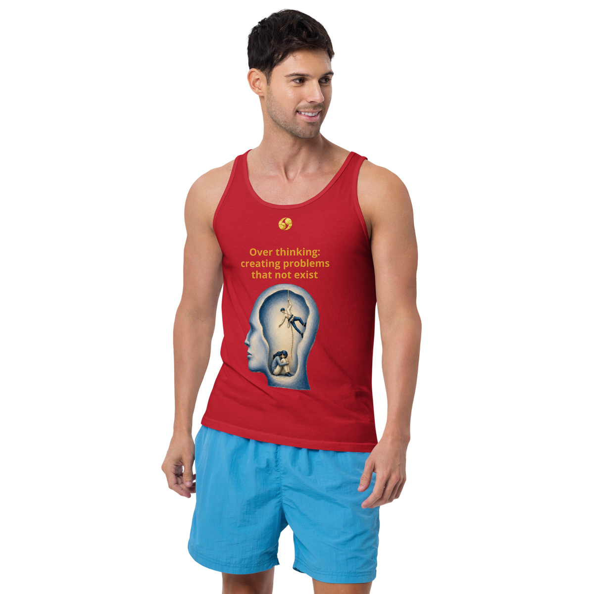 Red tank top with scoop neck and front graphic print, side view.